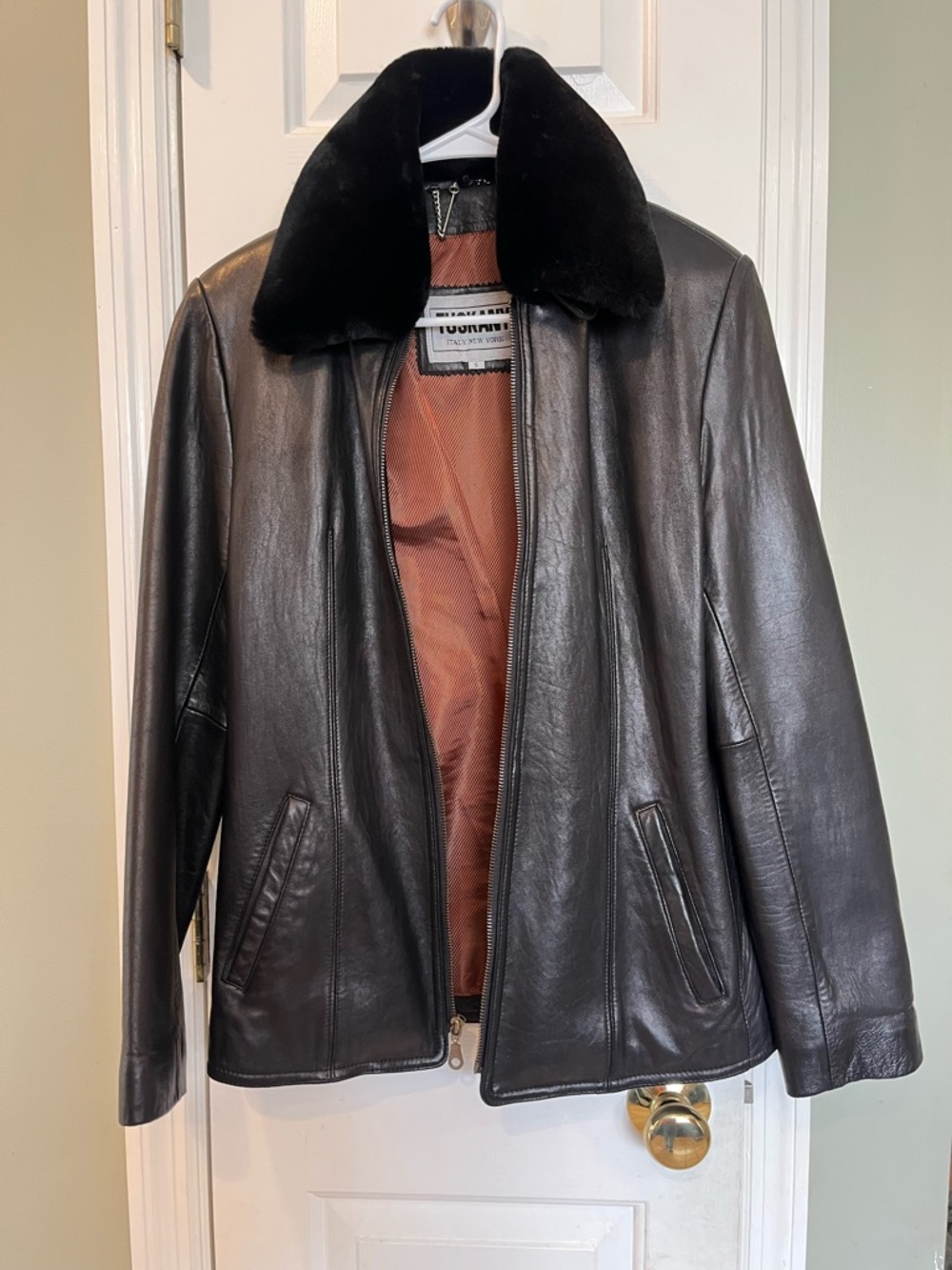 Y2K TUSKANY Italy New York Black Genuine Leather Jacket Removable Fur Collar S
